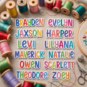 以下が含まれることがあります： Brayden、Evelyn、Jaxson、Harper、Levi、Lilyana、Maverick、Natalie、Owen、Scarlett、Theodore、Zoeyという名前がカラフルで丸みを帯びた文字で刺繍されたワッペンと、その周囲に配置された木製の糸巻きのセット。