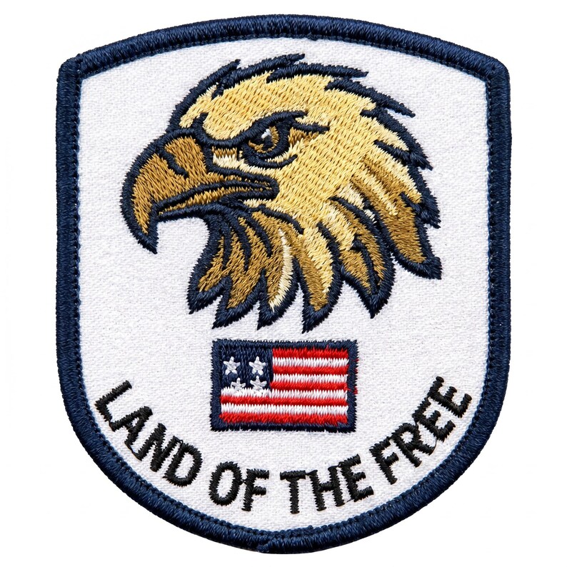 May include: Embroidered patch featuring a detailed golden eagle head above a small American flag. The patch is white with a navy blue border and the words "LAND OF THE FREE" in navy blue.