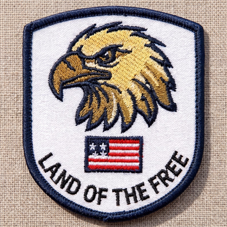 May include: Embroidered patch featuring a detailed golden eagle head above a stylized American flag. The patch is white with a navy blue border and the words "LAND OF THE FREE" in navy blue.
