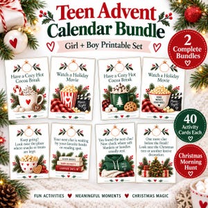 Peut inclure: Un ensemble imprimable Teen Advent Calendar Bundle comprenant 40 cartes d'activités par lot. Les cartes présentent des illustrations festives de chocolat chaud, pop-corn, livres et sweats à capuche avec du texte de Noël. Deux lots complets.