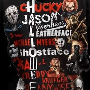 May include: Black hoodie featuring a graphic design with the names and images of horror movie characters, including Chucky, Jason Voorhees, Leatherface, Michael Myers, Ghostface, and Freddy Krueger.