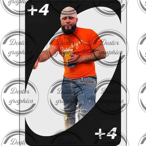 May include: A custom playing card featuring a person in an orange t-shirt and blue jeans. The card has a black border with the text "+4" and "Destor graphics". The person is holding a beverage.