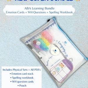 May include: A clear pouch containing an ABA learning bundle with emotion cards, WH questions, and a spelling workbook. The bundle includes physical sets and PDFs, an erasable marker, and a surprise bag. Text on the image reads "NEW SUPER BUNDLE".