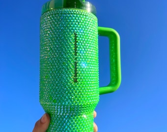 Bedazzled St. Patrick’s Day Lime Green Stanley x Starbucks Quencher 40 oz - Full Bling Rhinestone Tumbler - St. Patrick’s Day tumbler