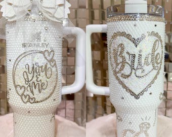 White 40 oz Stanley Quencher – Luxury Bridal Rhinestone & Pearl Tumbler | Wedding Day Gift | Custom Bling Cup - Bride Tumbler