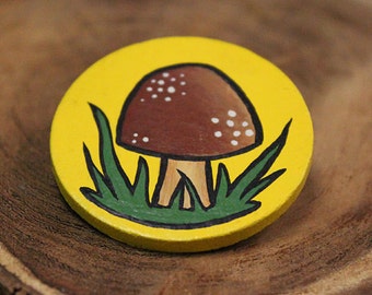 ORIGINAL Hand Painted Yellow with Brown Mushroom Pin Brooch - Circle 1.5 inches