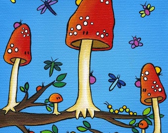 ORIGINAL Mushrooms Clinging to Branches Acrylic Painting