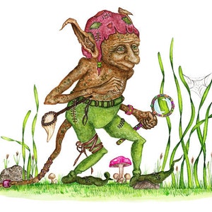 May include: A watercolor illustration of a green and brown goblin-like creature with a pink hat and a magnifying glass. The creature is standing in a field of tall green grass with a spider web and a spider in the background.