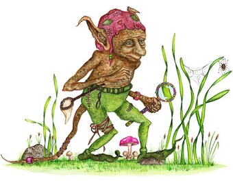 Troll Searching for Critters Watercolor Print 5" x 7"