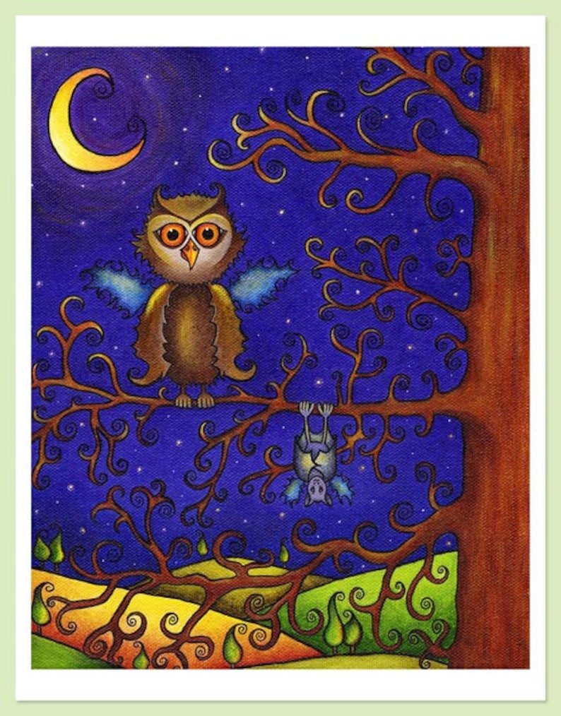 An Owl and a Bat Print - Etsy