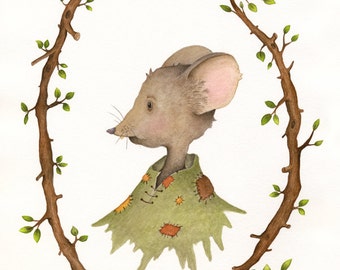 Mouse with Branch Frame Portrait Watercolor Print 8" x 10"