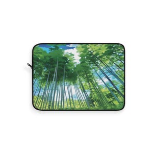 May include: A black laptop sleeve featuring a vibrant illustration of a bamboo forest. The design showcases tall, green bamboo stalks reaching towards a blue sky with fluffy white clouds. The sleeve has a black zipper.