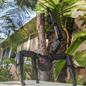 Pode incluir: Um brinquedo rob&oacute;tico preto, mec&acirc;nico, semelhante a uma aranha, com pernas articuladas e um corpo esf&eacute;rico central. O rob&ocirc; tem um detalhe vermelho e preto semelhante a um olho e est&aacute; situado em um cen&aacute;rio de folhagem verde exuberante e palmeiras.