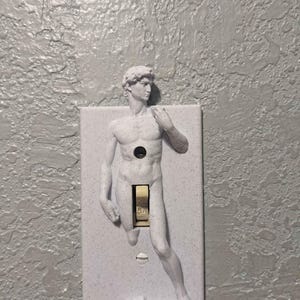May include: A light gray light switch cover featuring a sculpted relief of Michelangelo's David. The switch is in the 'on' position. The cover is mounted on a textured, light gray wall.