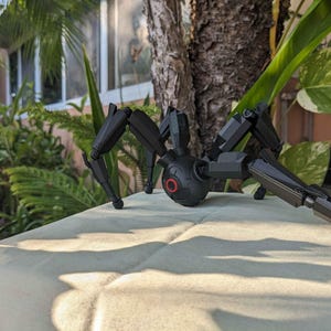 Pode incluir: Um brinquedo de aranha mec&acirc;nica preta com pernas articuladas e um corpo redondo. O brinquedo tem um detalhe circular vermelho no corpo. A aranha est&aacute; posicionada em uma superf&iacute;cie de cor clara, com vegeta&ccedil;&atilde;o ao fundo.