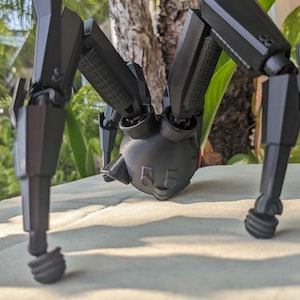 Pode incluir: Um brinquedo de aranha rob&oacute;tica preta articulada com v&aacute;rias pernas e uma cabe&ccedil;a com dois detalhes circulares semelhantes a olhos. O brinquedo est&aacute; posicionado em uma superf&iacute;cie de cor clara, com um fundo verde desfocado de folhagem.