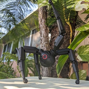 Pode incluir: Um brinquedo rob&oacute;tico preto, mec&acirc;nico, semelhante a uma aranha, com pernas articuladas e um corpo esf&eacute;rico central. O rob&ocirc; tem um detalhe circular vermelho no corpo e est&aacute; posicionado sobre uma superf&iacute;cie de cor clara, com um fundo natural de &aacute;rvores e folhagem.