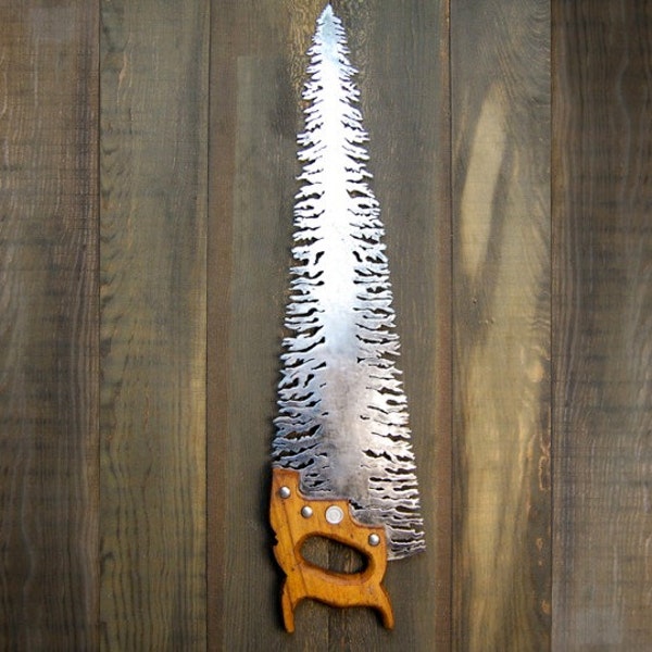 Metal wall art. Classic antique wood handled tree saw, plasma cut metal wall art, gifts for dad, man cave decor, rustic cottage