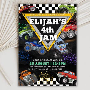 May include: A colorful invitation for a monster truck-themed birthday party. The design features various monster trucks in red, green, blue, and orange, with the text "ELIJAH'S 4th JAM" in bold letters. The invitation includes event details.