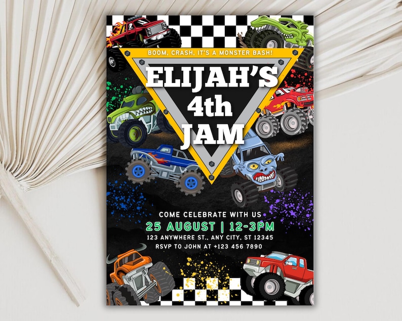 May include: A colorful invitation for a monster truck-themed birthday party. The design features various monster trucks in red, green, blue, and orange, with the text "ELIJAH'S 4th JAM" in bold letters. The invitation includes event details.