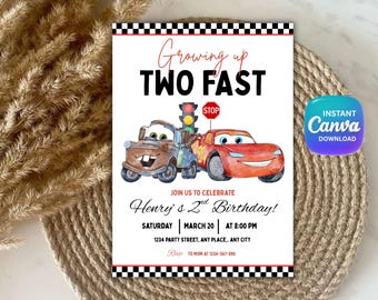 Lightning Mcqueen Birthday, Cars Birthday Party Invitation, Cars Party Invite, Two Fast, Second Birthday Party Invitation, Canva Editable, 2
