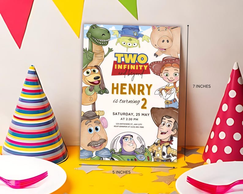 May include: A rectangular invitation card, 5 inches wide and 7 inches tall, featuring characters from the animated film "Toy Story." The card includes the text "TWO INFINITY and Beyond" and details for a birthday party, including the name "HENRY" and the age "2."