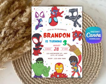 Invitación editable de cumpleaños de Spidey y sus increíbles amigos en acuarela, plantilla de superhéroe imprimible, invitación infantil, descarga instantánea.