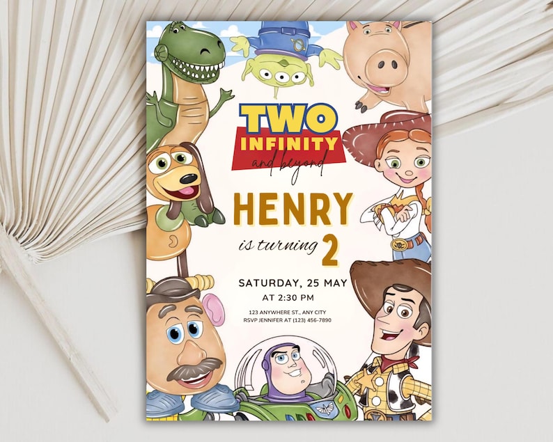 May include: A colorful birthday party invitation featuring characters from a popular animated movie. The invitation includes the text "TWO INFINITY and beyond" and "HENRY is turning 2". The date and time are also included.