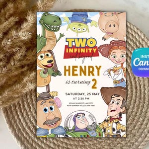 May include: A colorful birthday invitation featuring cartoon characters from the "Toy Story" movie. The invitation includes the text "TWO INFINITY and beyond" and "HENRY is turning 2". The date and time of the party are also included.
