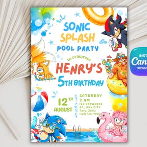 May include: A colorful invitation for a pool party with Sonic the Hedgehog characters. The design features the text "SONIC SPLASH POOL PARTY" and "HENRY'S 5TH BIRTHDAY". Includes illustrations of Sonic, Tails, and other characters, with a flamingo floatie and pool.