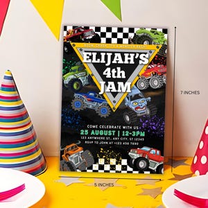 May include: A 5 x 7 inch invitation for a fourth birthday party, featuring monster trucks. The invitation has the text "Elijah's 4th JAM" and event details. Colorful party hats and plates with pink forks are in the foreground.