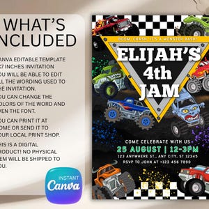 May include: A digital invitation template for a monster truck-themed birthday party. The design features colorful monster trucks, the text "Elijah's 4th JAM", and party details. The invitation is a 5x7 inches template.