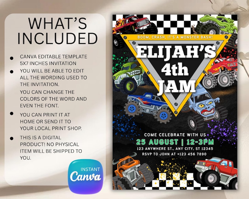 May include: A digital invitation template for a monster truck-themed birthday party. The design features colorful monster trucks, the text "Elijah's 4th JAM", and party details. The invitation is a 5x7 inches template.