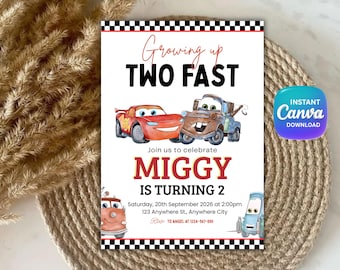 Lightning Mcqueen Birthday, Cars Birthday Party Invitation, Cars Party Invite, Two Fast, Second Birthday Party Invitation, Canva Editable, 2