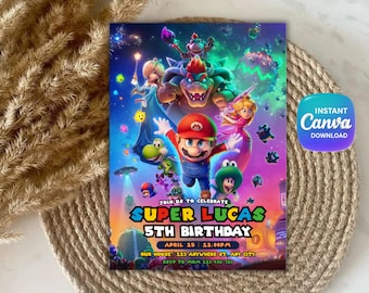 Editable Mario Galaxy Birthday Invitation, Outer Space Party Invite, Boys Gaming Party card, Instant Download, Canva Template, 5x7 inches
