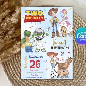 May include: A light blue invitation featuring Toy Story characters, with the text "TWO INFINITY and beyond". The invitation includes the text "Vincent is turning two" and the date November 26.