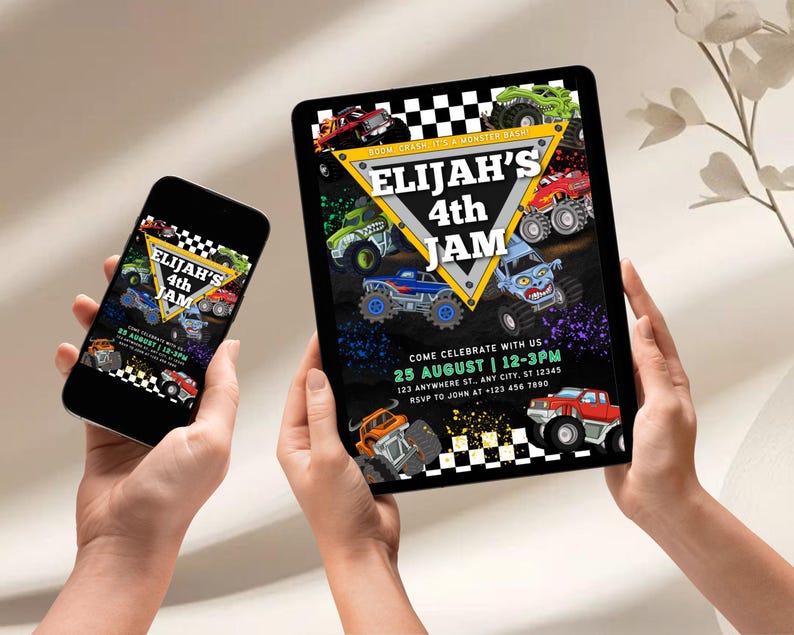 May include: A digital invitation for a monster truck-themed birthday party. The design features colorful monster trucks, the text "Elijah's 4th Jam", and event details. The invitation is displayed on a tablet and a smartphone.