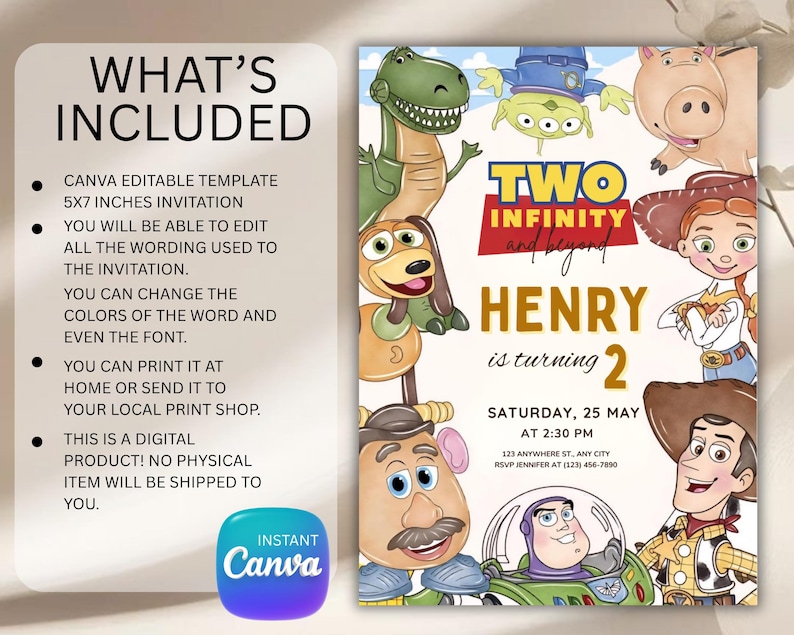May include: A digital invitation template featuring cartoon characters from the movie "Toy Story." The invitation is for a second birthday, with the text "Two Infinity and Beyond" and "Henry is turning 2." The template is 5x7 inches and editable in Canva.
