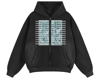 May include: Black zip-up hoodie with a front pocket and hood. The front features a rectangular design with a textured pattern in shades of blue and white, surrounded by the text "2021 zone 93".