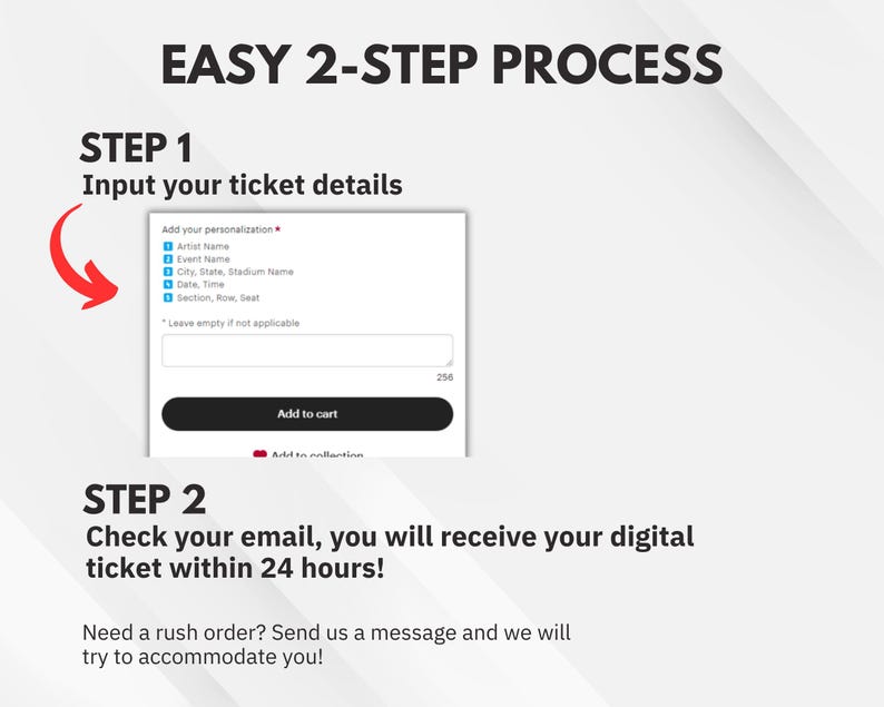 May include: Image showing a two-step process for purchasing tickets. Step 1: Input ticket details, including artist name, event name, and date. Step 2: Receive digital ticket via email within 24 hours. Includes an 'Add to cart' button.