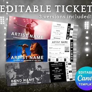 Op de afbeelding: Afbeelding van drie bewerkbare concertticket sjablonen. Elk ticket heeft een andere concertafbeelding, met ruimte voor de artiest- of bandnaam, locatie, datum en een gepersonaliseerde boodschap. De tickets zijn ontworpen voor gebruik met Canva.