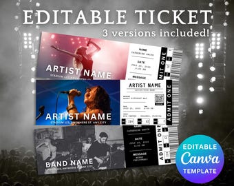 Bewerkbaar concertkaartje Canva, sjabloon voor 3 DIY-tickets, afdrukbaar aangepast concertkaartje, cadeau-idee verjaardag, verrassingscadeau, digitale download