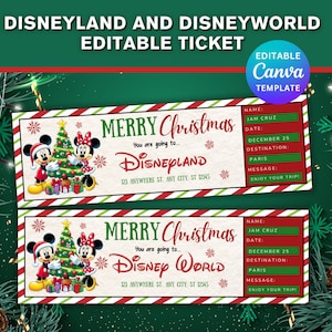 Pode incluir: Modelo de bilhete editável com tema natalino para a Disneyland e o Disney World. Apresenta Mickey e Minnie Mouse com uma árvore de Natal. Inclui campos de texto para nome, data, destino e mensagem.