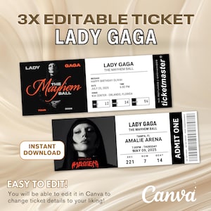 Redigerbar Lady Gaga-biljett, Lady Gaga-konsertbiljett, konsertbiljett, överraskningspresent, Lady Gaga Mayhem Ball-turné, direktnedladdning