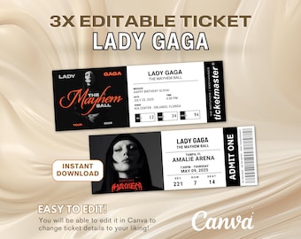 Editable Lady Gaga Editable Ticket, Lady Gaga Concert Ticket, Concert Ticket, Surprise Gift, Lady Gaga Mayhem Ball Tour, Instant Download
