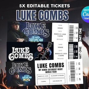 Könnte beinhalten: Bearbeitbare Canva-Vorlage für Luke Combs Konzertkarten. Das Design zeigt den Namen des Künstlers in fetter, weißer Schrift, mit Bildern des Künstlers und Konzertdetails. Die Tickets enthalten Datum, Uhrzeit und Veranstaltungsort.