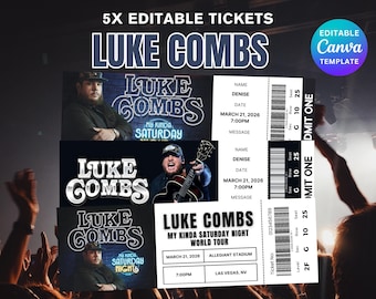 Billet modifiable de tournée Luke Combs, billet de tournée, tournée Luke Combs My Kinda samedi soir, modèle de toile, cadeau surprise, billet de concert