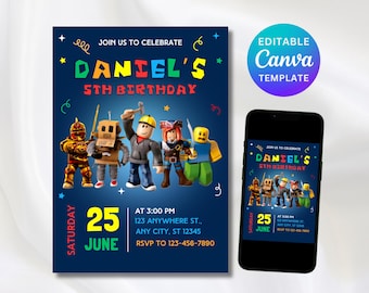 Roblox Invitation, Roblox Invite, Game Party, Roblox Boys Birthday Invitation Template, Game Birthday, Kids Roblox, Editable Template, Canva