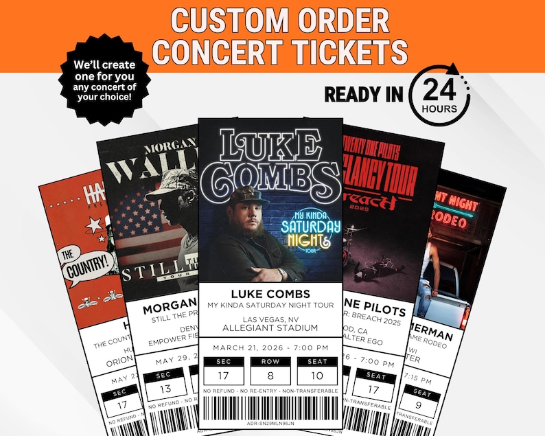 May include: Custom concert tickets with various designs, including Luke Combs, Morgan Wallen, and Twenty One Pilots. The tickets are ready in 24 hours and feature event details like dates, times, and venue information.