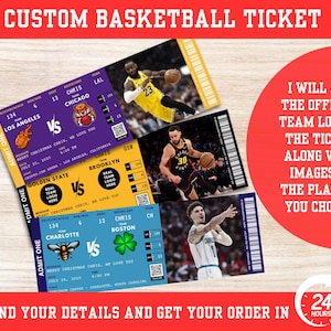 May include: Custom basketball tickets with team logos and player images. The tickets feature team matchups, game details, and the text "CUSTOM BASKETBALL TICKET". The tickets are in various colours and designs.
